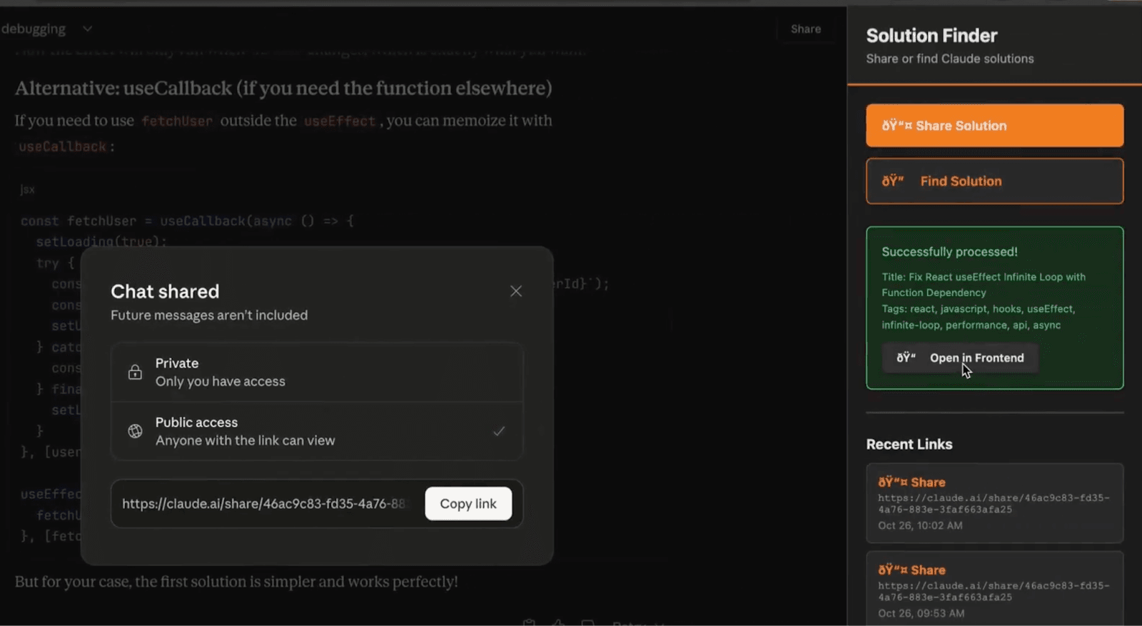 Clicking “Share Solution” will scrape the current session along with relevant metadata