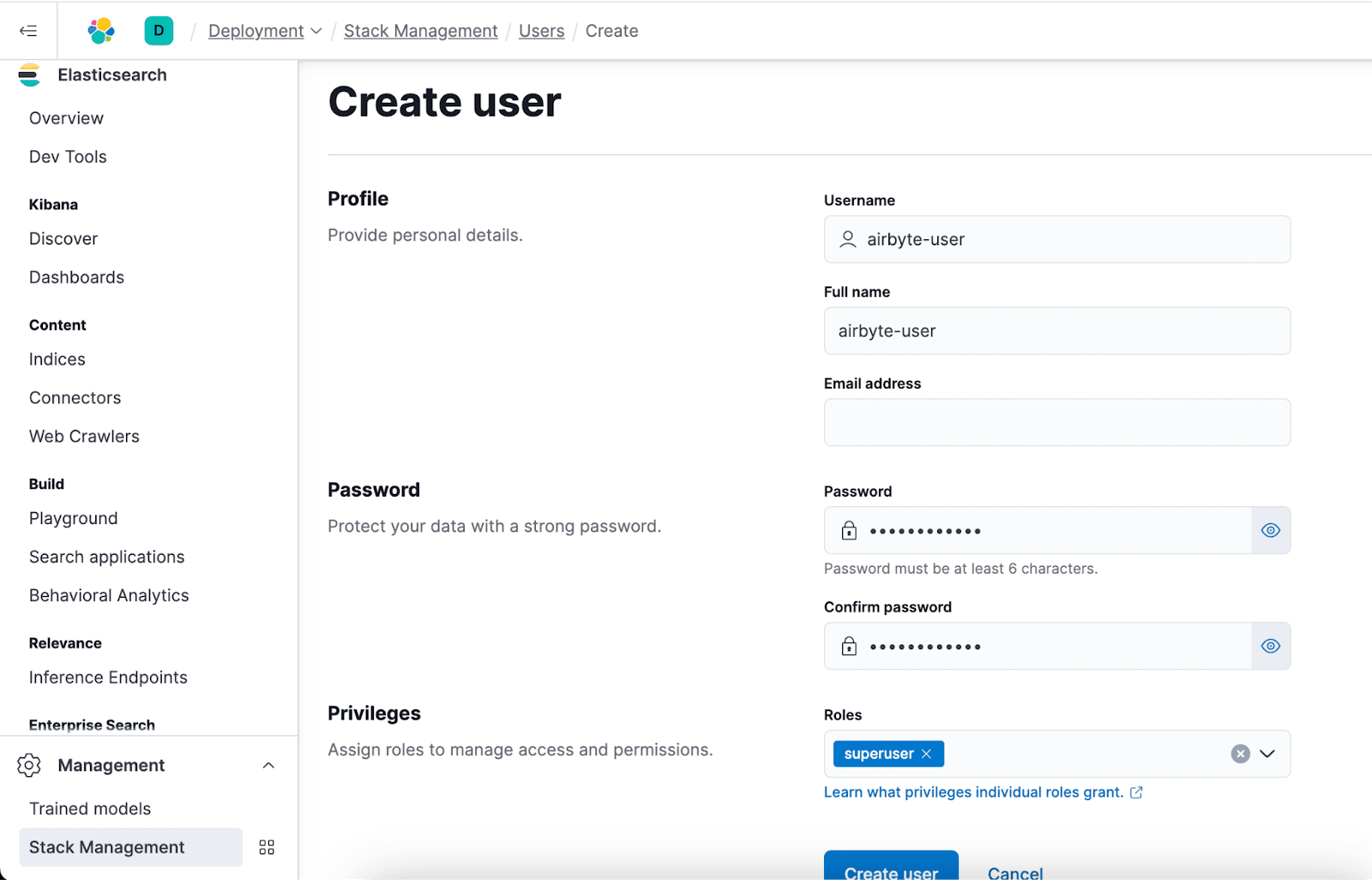 Creating users in Elastic Cloud