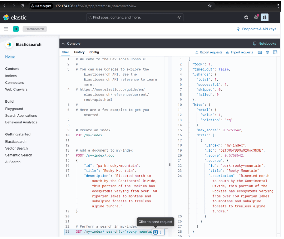 Endpoints & API keys in Elasticsearch's console.