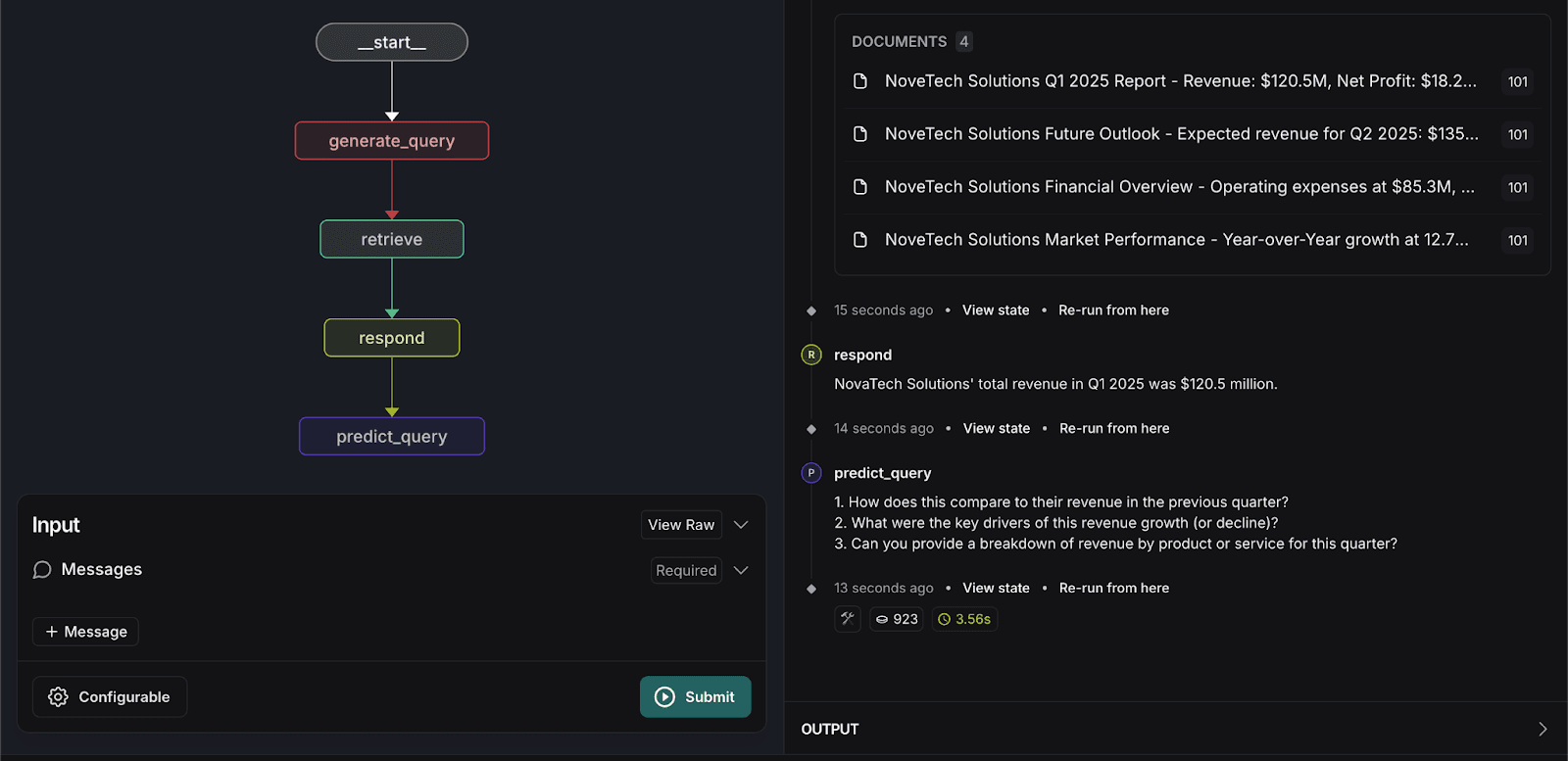 Running the retrieval graph with 3 user questions using LangGraph and Elasticsearch