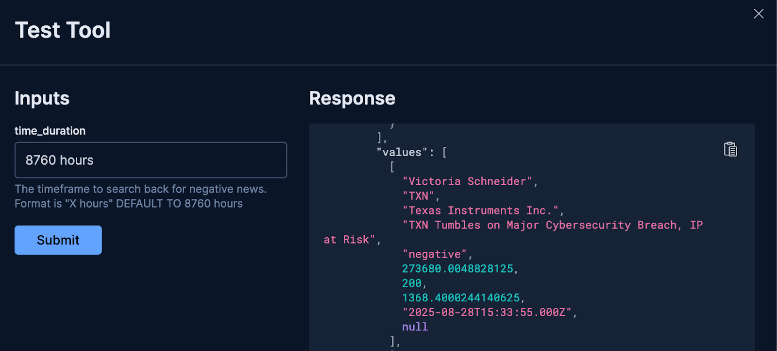 JSON response that appears after clicking submit.