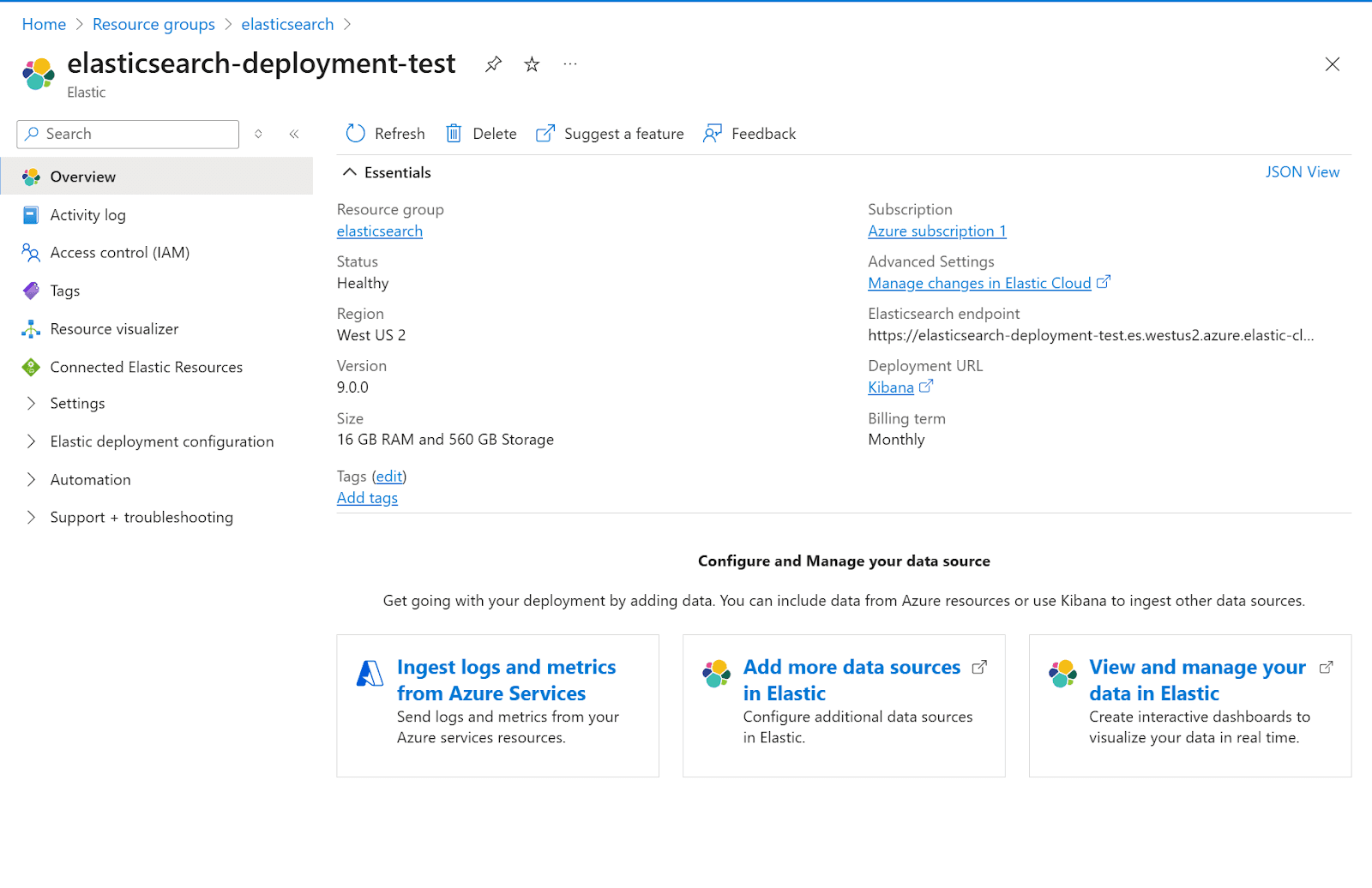 Where to find the delete button to unsunscribe from Elastic Cloud via Azure marketplace.