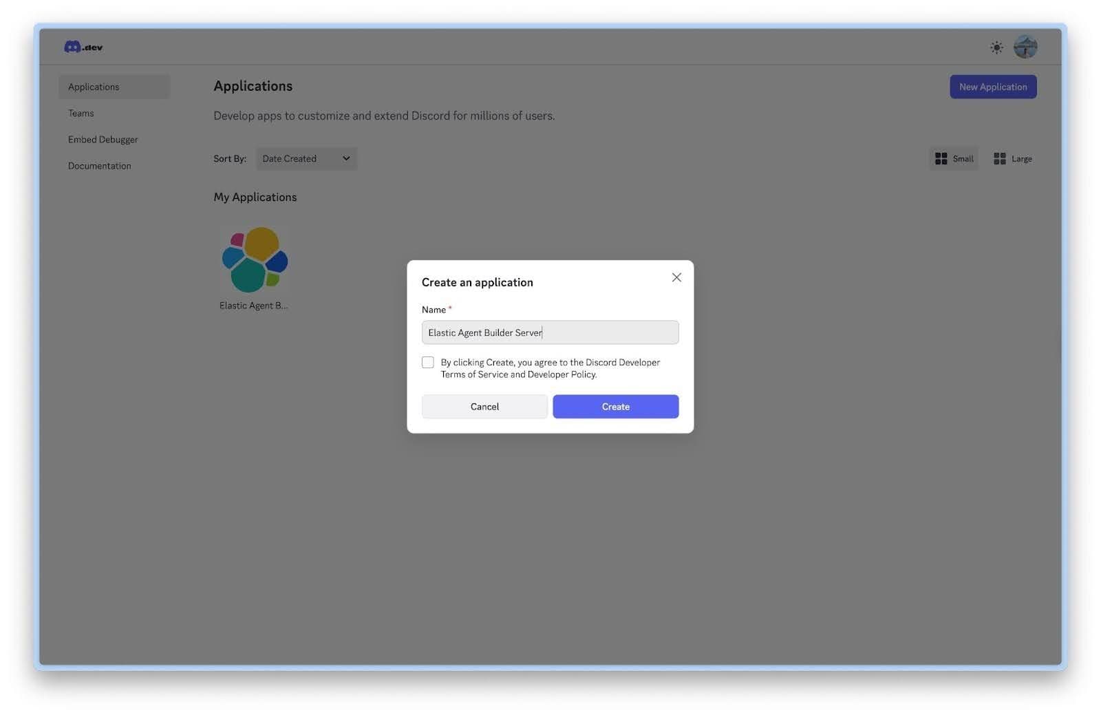 Creating a new application in the Discord Developer Portal
