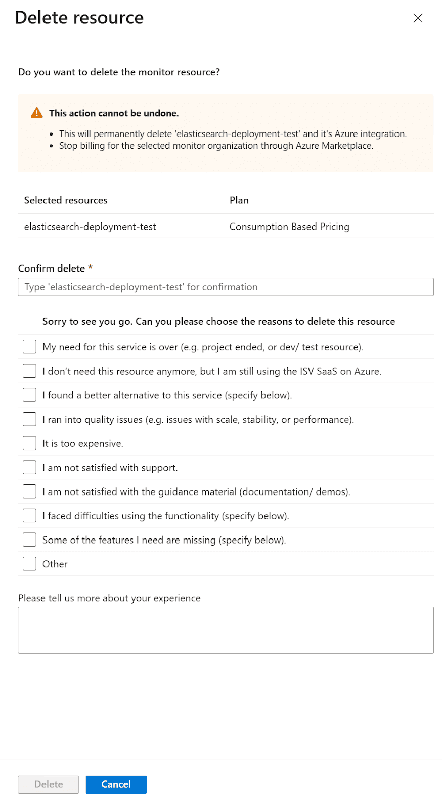 Last delete and comfirm delete steps to delete Elastic Cloud via the Azure marketplace.