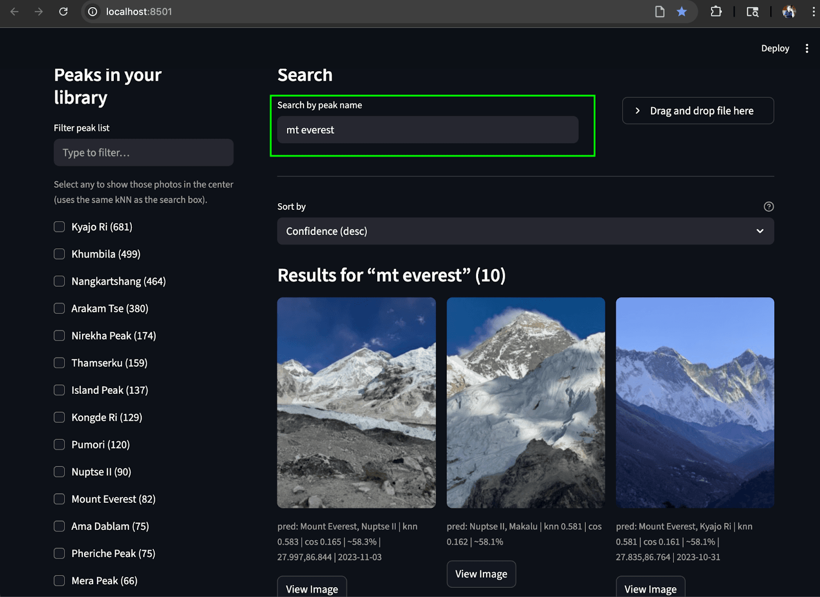 How to search for a Mount Everest peak with search by text in the mountain peaks library.