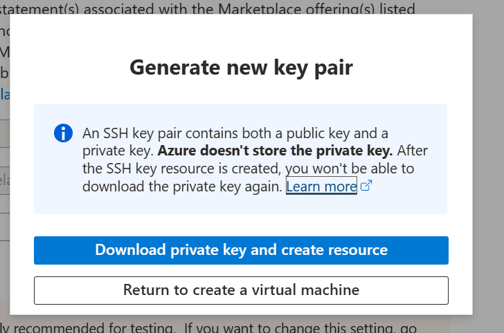 Downloading a newly generated key pair in Microsoft Azure.