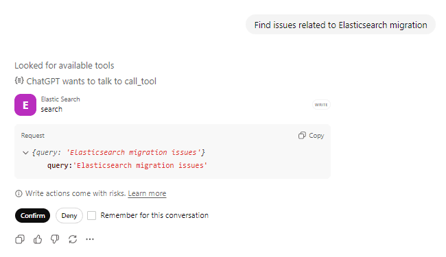 Asking ChatGPT “Find issues related to Elasticsearch migration” and confirm the actions tool calling.