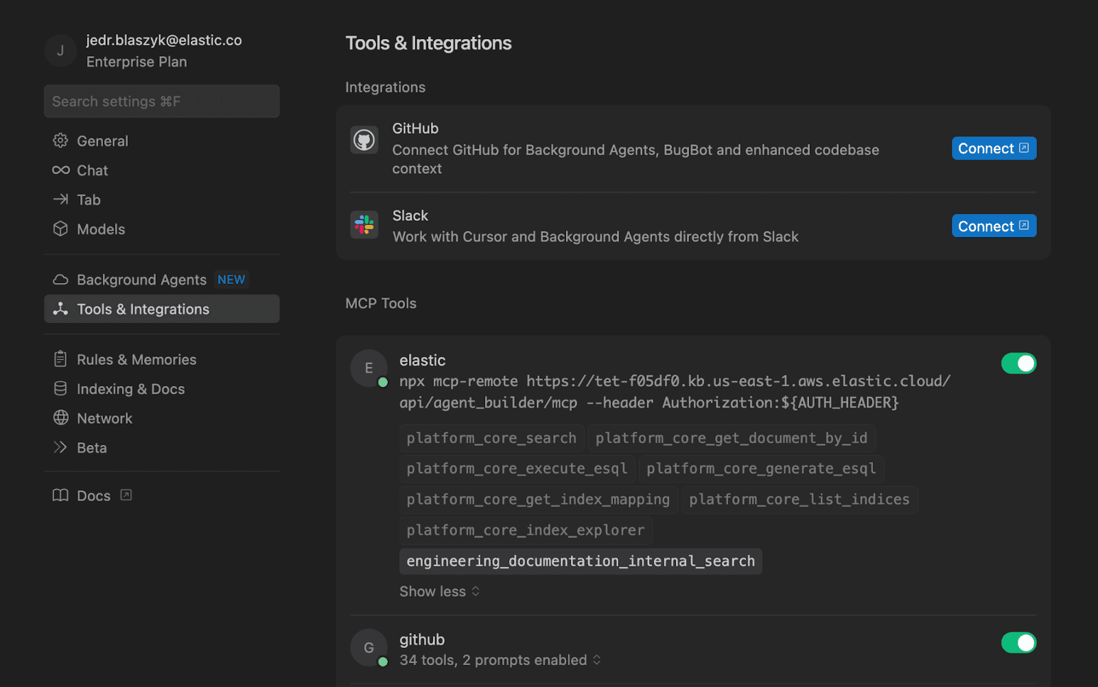 An image of the Elastic Agent Builder MCP server tool available in Cursor.