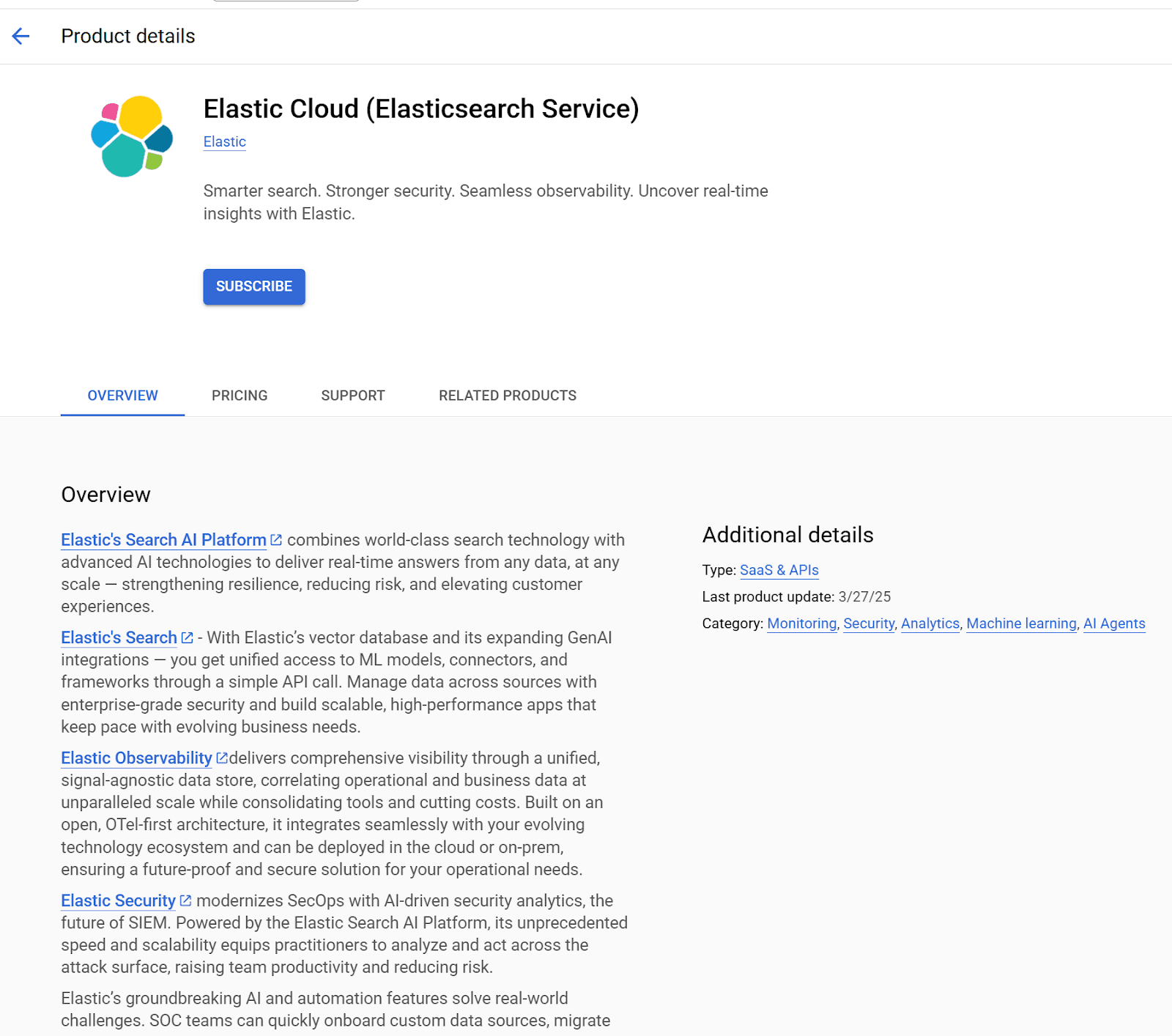 Subscribe to Elastic in GCP marketplace