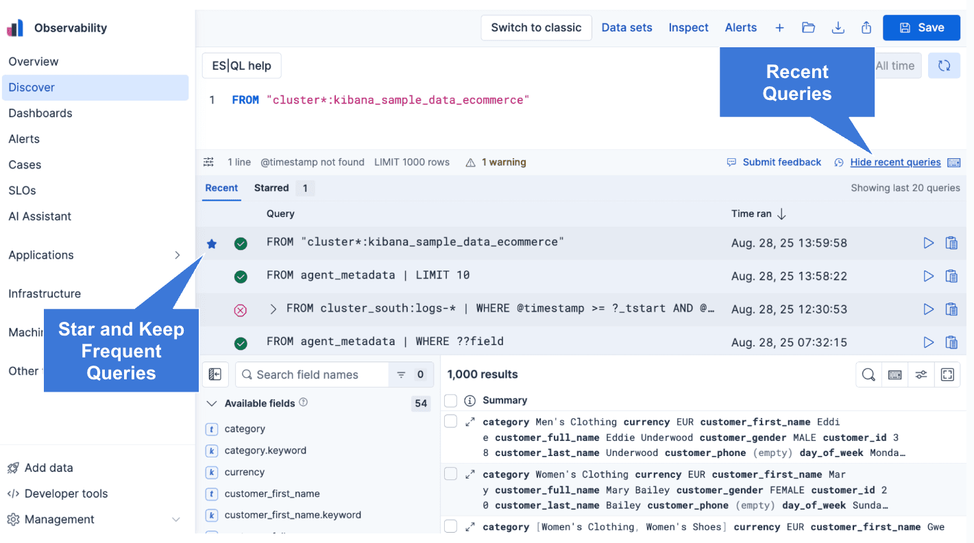 An example of using the recent queries in ES|QL editor in discover (and how to star them).