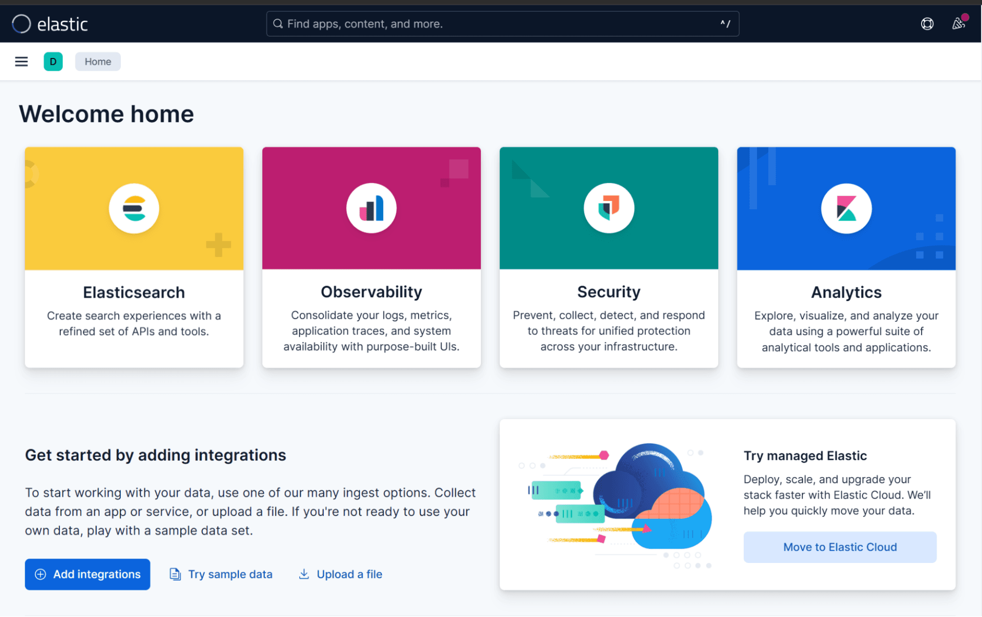 The Kibana homescreen in Elastic