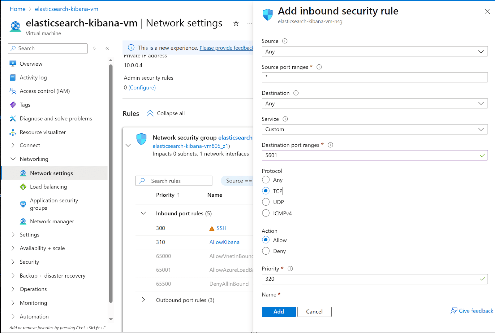Adding an in inbound security rule to connect Microsoft Azure to Kibana.