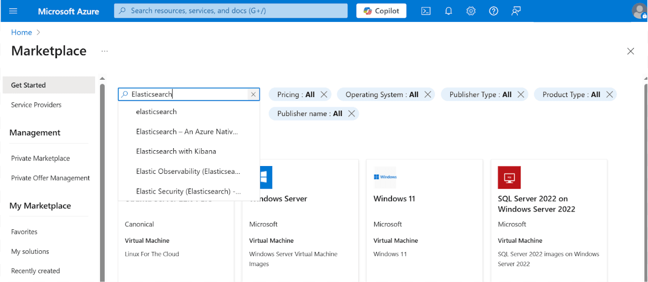 How to find Elastic Cloud on the Azure marketplace.